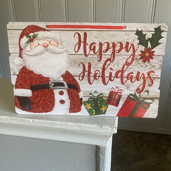 NWT Gleaming Red Glittered Santa Happy Holidays Planked Wood Decoration Sign - Picture 6 of 17